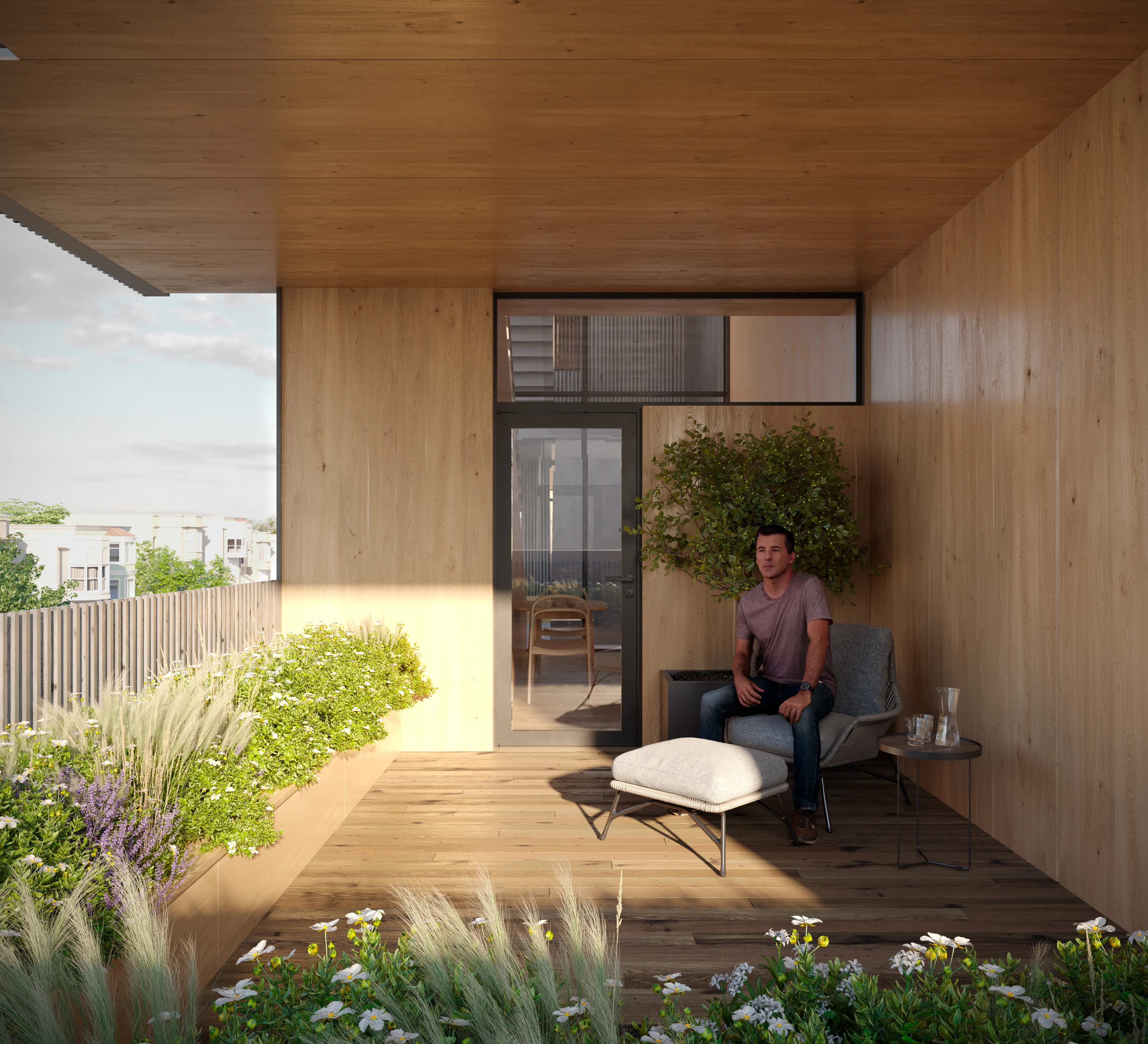 Moving through, the balcony under the timber soffit